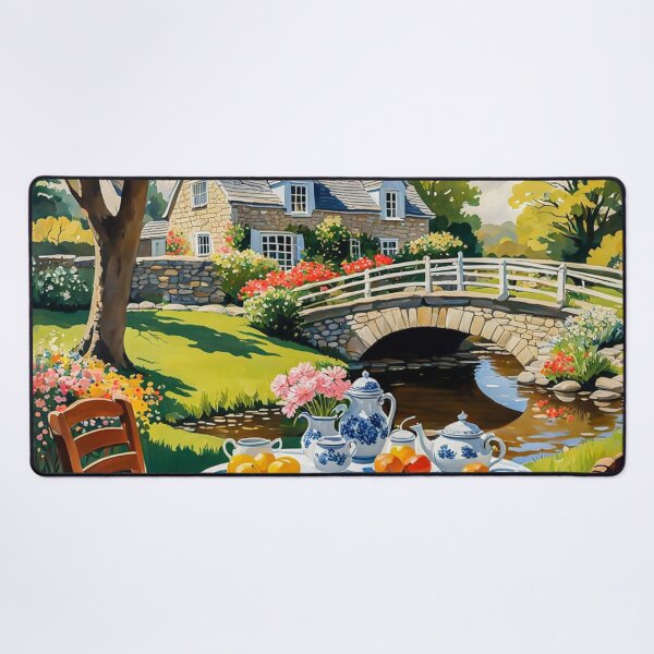 Item preview, Bright Shiny Day Breakfast at Beautiful Spring Garden with Round Banquet Table Nearby a Small River with Bridge - Home Sweet Home - Museum Epic Impressionist Painting designed and sold by MyArt23.