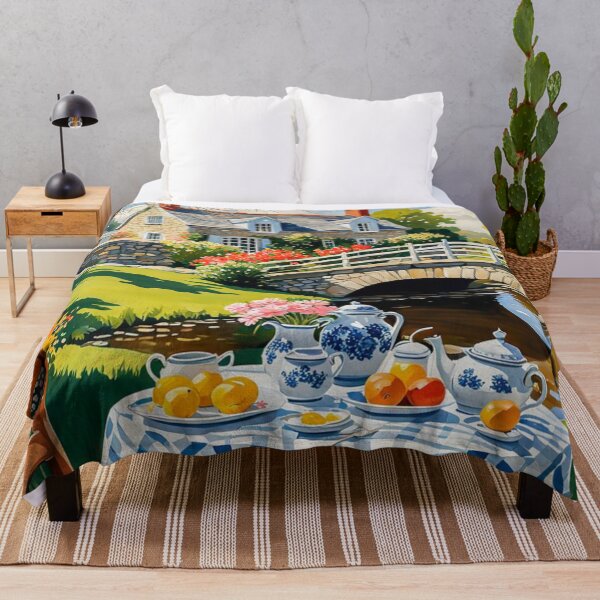 Item preview, Bright Shiny Day Breakfast at Beautiful Spring Garden with Round Banquet Table Nearby a Small River with Bridge - Home Sweet Home - Museum Epic Impressionist Painting designed and sold by MyArt23.