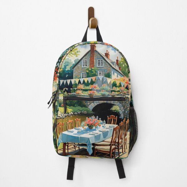 Item preview, Bright Shiny Day Breakfast at Beautiful Spring Garden with Long Banquet Table Nearby a Small River with Bridge - Home Sweet Home - Museum Epic Impressionist Painting designed and sold by MyArt23.