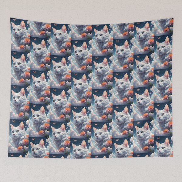 Item preview, White cat into the sky, clouds and flowers designed and sold by Elena Dunaeva.