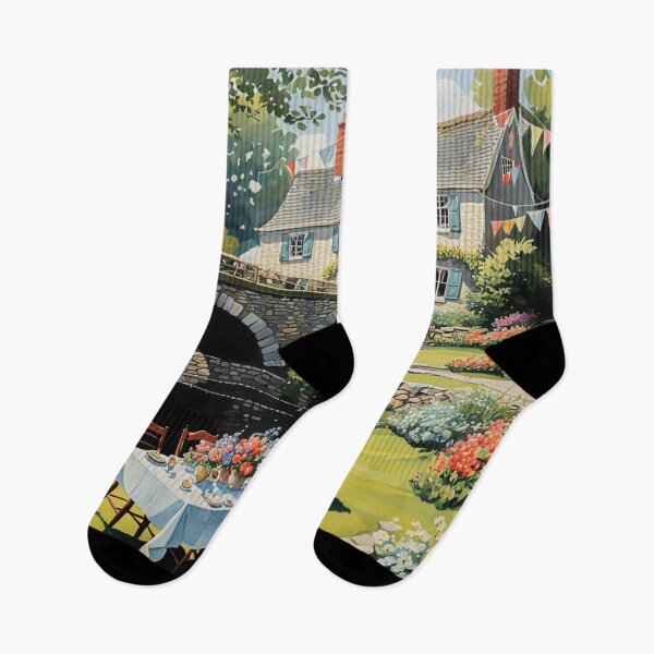 Item preview, Bright Shiny Day Breakfast at Beautiful Spring Garden with Long Banquet Table Nearby a Small River with Bridge - Home Sweet Home - Museum Epic Impressionist Painting designed and sold by MyArt23.