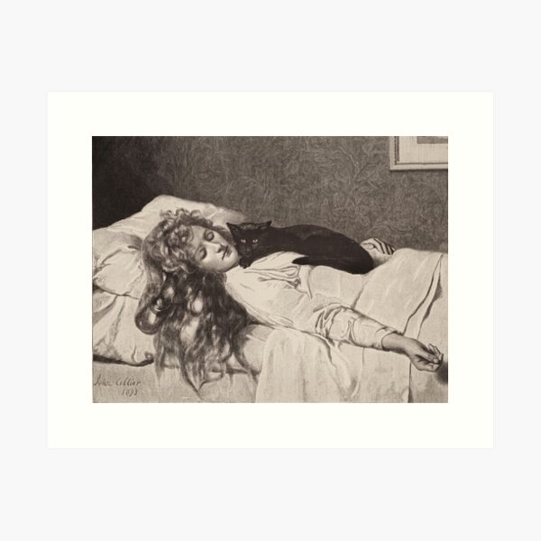 Item preview, La bruja 1893 de John Collier - Presenta un dibujo de gato negro y mujer durmiendo designed and sold by Arwen-Art.
