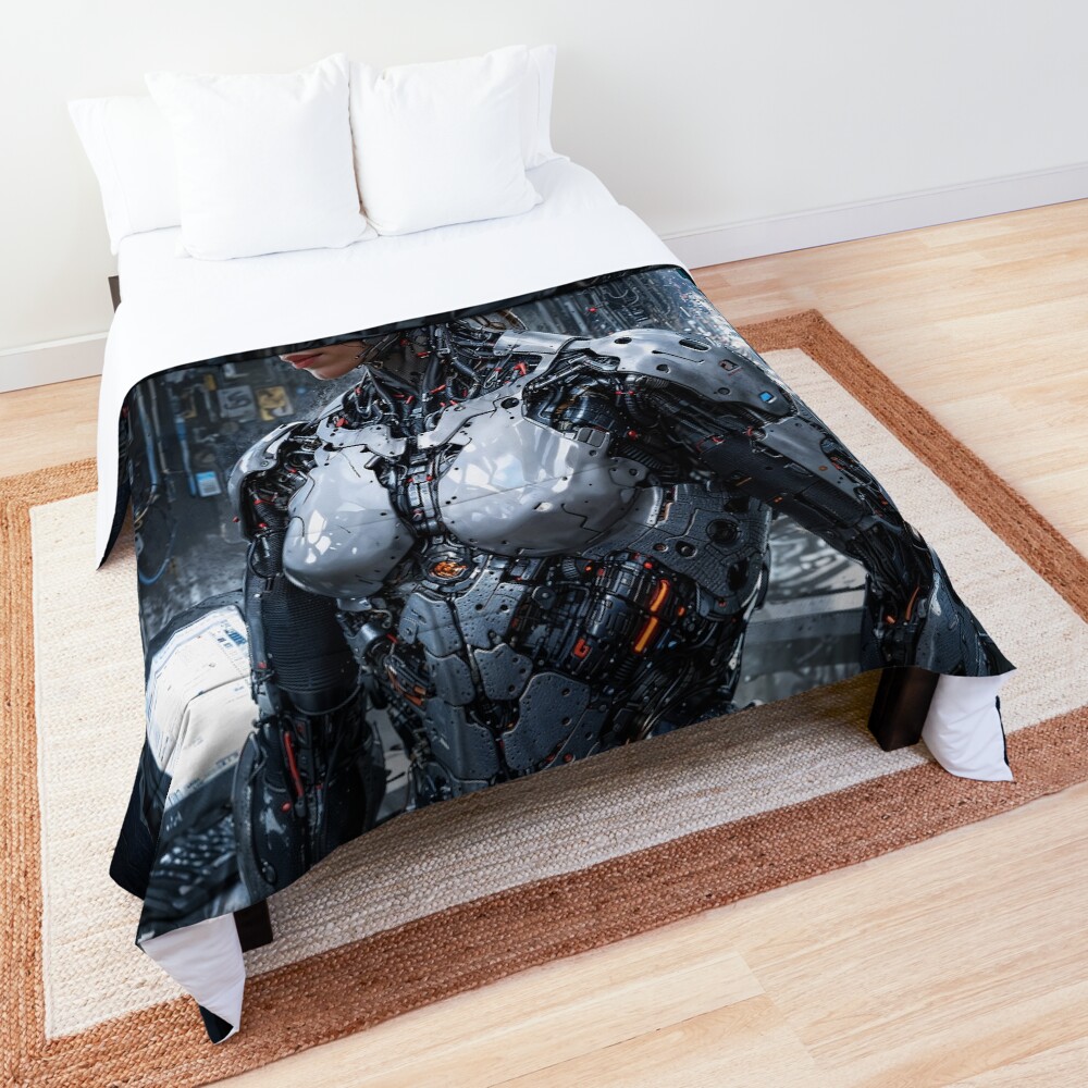 All Upgrades Complete Going Beyond Humanity Mesmerizing AI Concept Art Portrait by Xzendor7 Decorative Sci-Fi Art Comforter