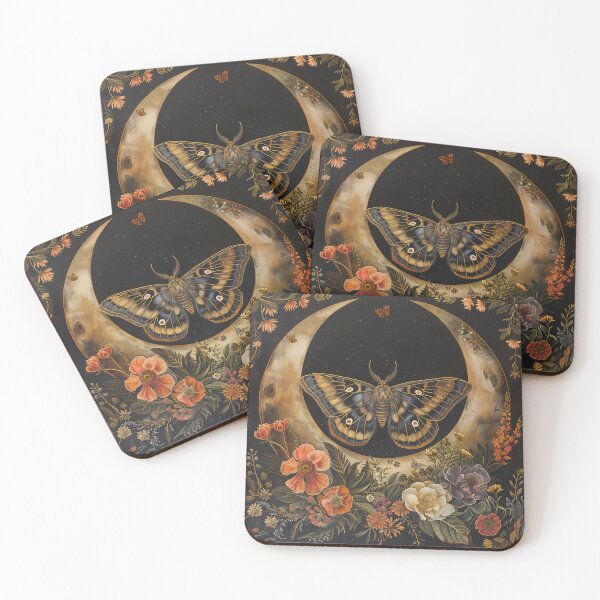 Item preview, Moth and Moon with wild flowers - dark cottagecore - dark academia floral witchy goth designed and sold by Fantasy Cache.