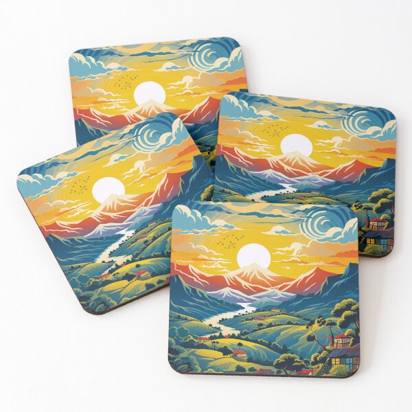 Item preview, Sunrise mountain trees houses forest path nature adventure designed and sold by TheRightHonMP.
