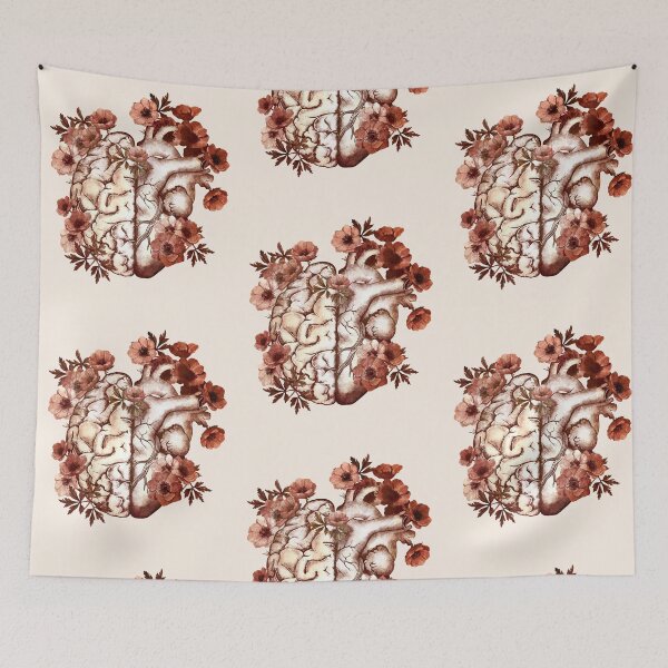 Item preview, Half heart and brain, right balance between head or brain and heart, drawing red anemones flowers anemoneus designed and sold by Collagedream.