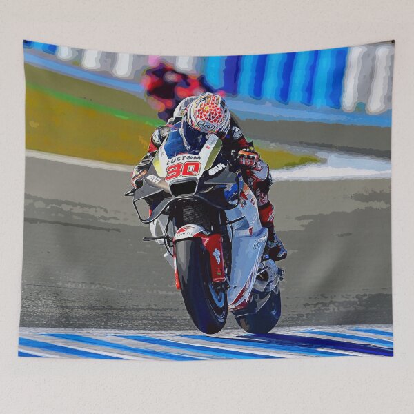 Item preview, Takaaki Nakagami on his 2024 MotoGP motorcycle powering out a corner making a small wheelie watercolor designed and sold by Rodissimus1984.
