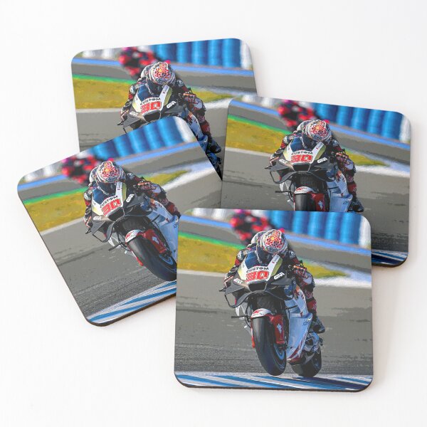 Item preview, Takaaki Nakagami on his 2024 MotoGP motorcycle powering out a corner making a small wheelie abstract designed and sold by Rodissimus1984.