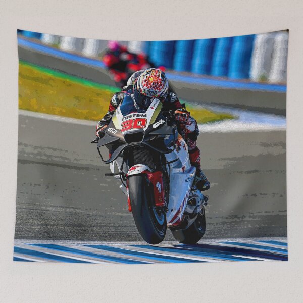 Item preview, Takaaki Nakagami on his 2024 MotoGP motorcycle powering out a corner making a small wheelie abstract designed and sold by Rodissimus1984.