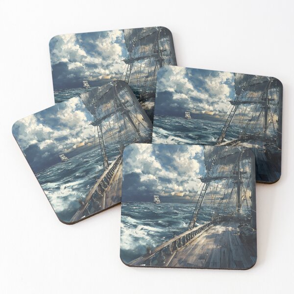 Item preview, The deck of an 18th century sailing ship colliding with the force of the ocean, foamy hills designed and sold by ArtRenavet.