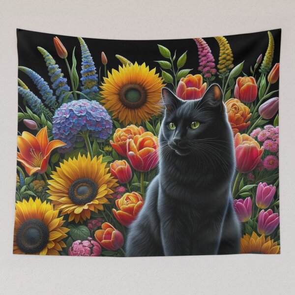 Item preview, Balck Cat Sits Upon a Flower filled Window designed and sold by ArtzyOne431.