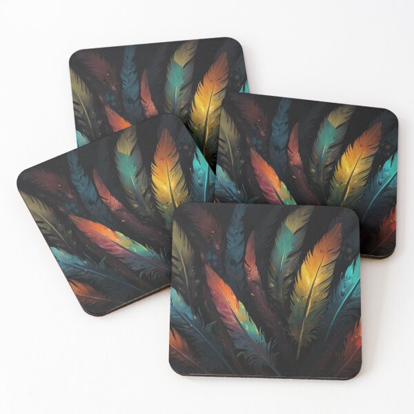 Item preview, colourful feathers in black background water colour painting designed and sold by optimusprime39.