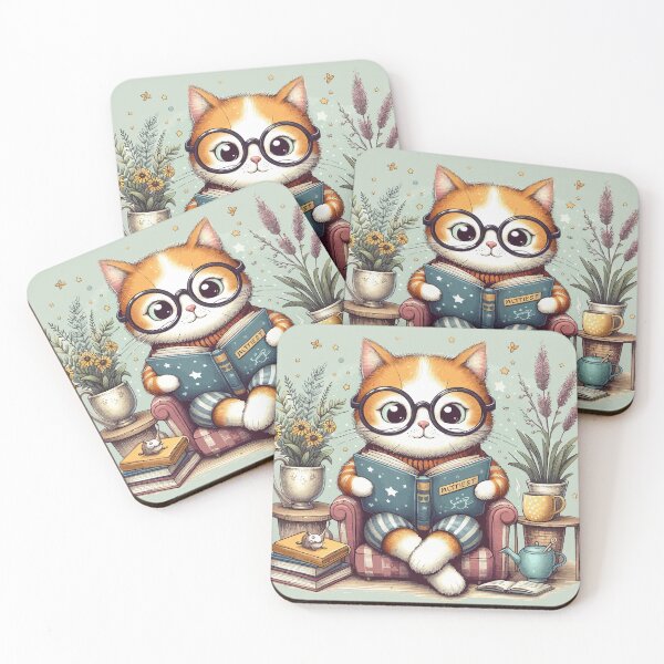 Item preview, Adorable Reading Cat Illustration - Whimsical Kitty with Glasses and Books Art Print designed and sold by FarBeyound.