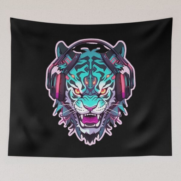 Item preview, CyberTiger - Futuristic big Cat With Headphones and Visor in a Vibrant Digital Illustration designed and sold by Reichcorp.