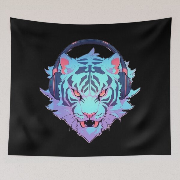 Item preview, CyberTiger - Futuristic big Cat With Headphones and Visor in a Vibrant Digital Illustration designed and sold by Reichcorp.