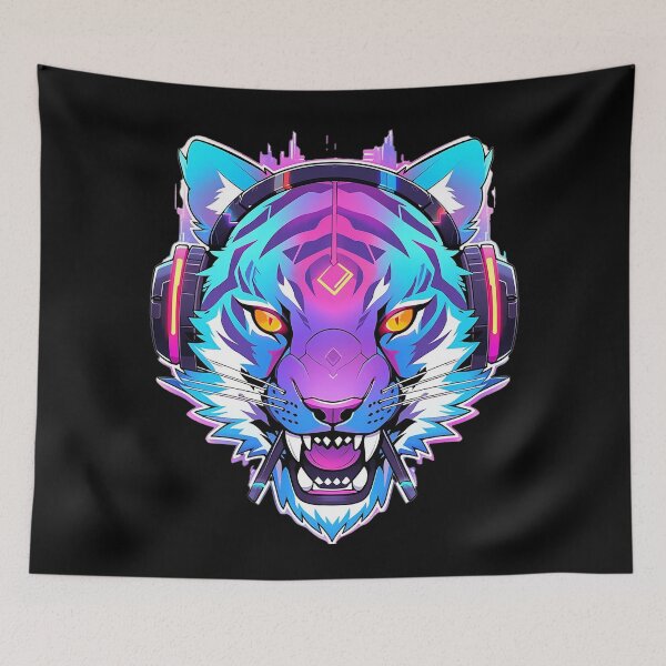 Item preview, CyberTiger - Futuristic big Cat With Headphones and Visor in a Vibrant Digital Illustration designed and sold by Reichcorp.