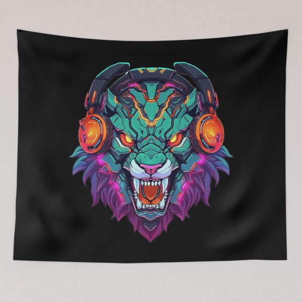 Item preview, CyberTiger - Futuristic big Cat With Headphones and Visor in a Vibrant Digital Illustration designed and sold by Reichcorp.