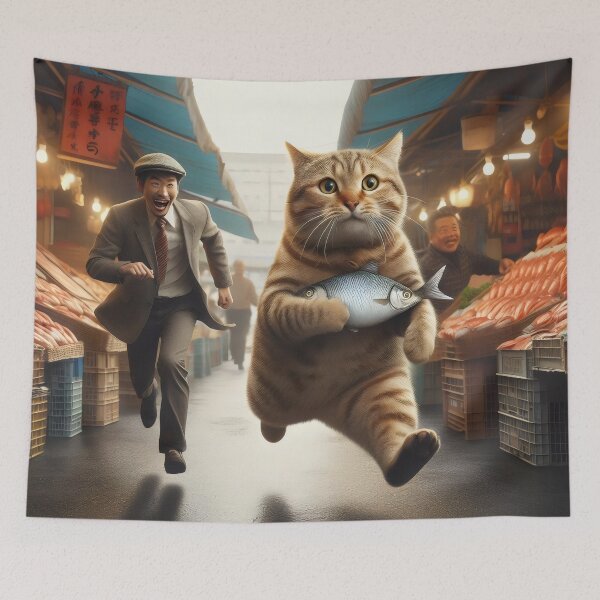 Item preview, A runaway cat with fish at the market designed and sold by MyHappyArtShop.