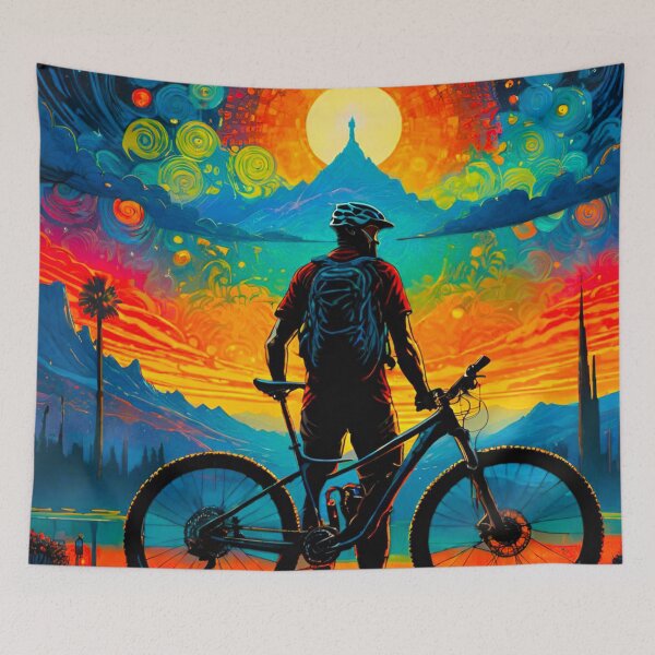 Item preview, Sunset Shredder: Vibrant MTB Rider Conquers the Mountains designed and sold by GrizzlyCollective.