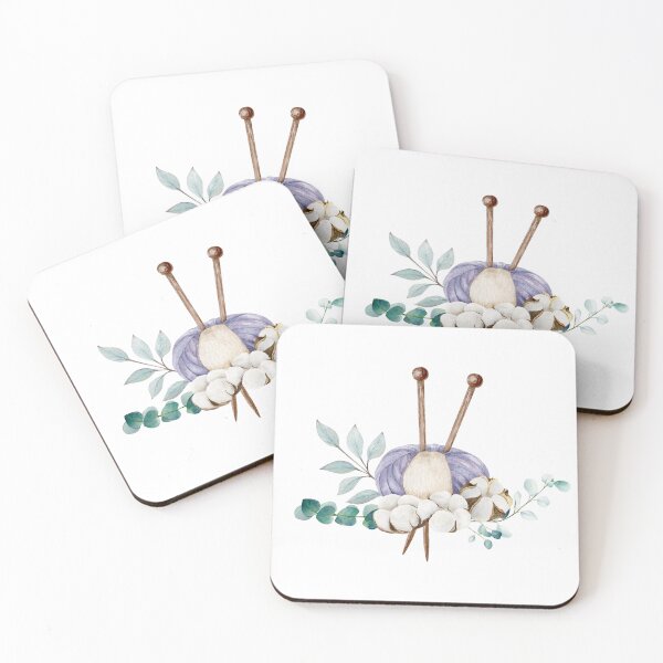 Item preview, Knitting ball of yarn and single pointed needles with cotton bolls and eucalyptus branches, hand draw, watercolor illustration designed and sold by TanyaKremen.