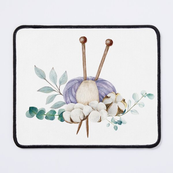 Item preview, Knitting ball of yarn and single pointed needles with cotton bolls and eucalyptus branches, hand draw, watercolor illustration designed and sold by TanyaKremen.