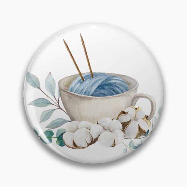 Item preview, Hand draw watercolor illustration, ball of yarn with double pointed needles in the cup with cotton bolls and eucalyptus branches	 designed and sold by TanyaKremen.