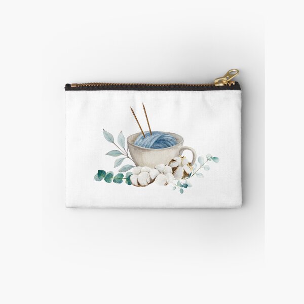 Item preview, Hand draw watercolor illustration, ball of yarn with double pointed needles in the cup with cotton bolls and eucalyptus branches	 designed and sold by TanyaKremen.