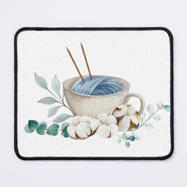 Item preview, Hand draw watercolor illustration, ball of yarn with double pointed needles in the cup with cotton bolls and eucalyptus branches	 designed and sold by TanyaKremen.