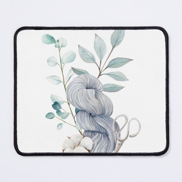 Item preview, Hank of yarn with cotton, eucalyptus and scissors, watercolor illustration, hand draw designed and sold by TanyaKremen.