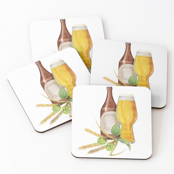 Item preview, Hand-drawn watercolor illustration bottle of beer with shaped glass of beer and hop and malt, beer festival, international beer day designed and sold by TanyaKremen.