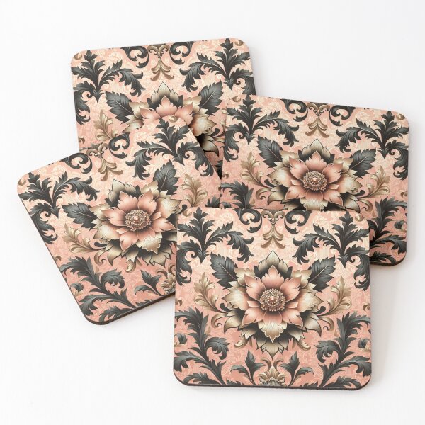 Item preview, Peachy Coral, Gold & Matte Black Damask designed and sold by DesignsByPrnces.