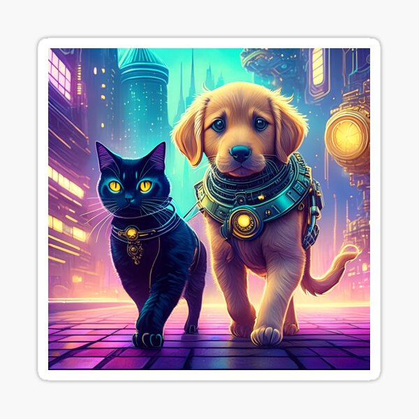 Item preview, PUPPY AND BLACK CAT IN CYBERPUNK CITY designed and sold by cubiask.