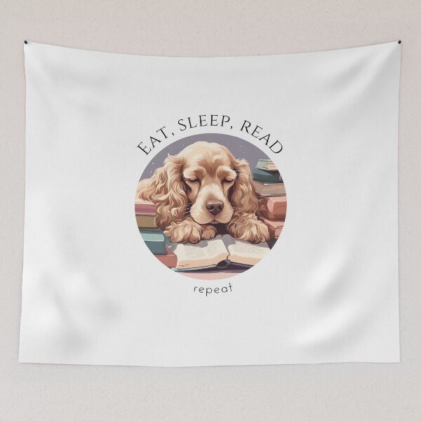 Item preview, Eat sleep read repeat books bookwarm booklover funny cute puppy cocker spaniel dog designed and sold by SoulfulT.