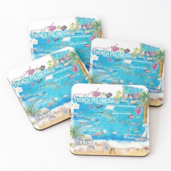 Item preview, French Polynesia Illustrated Island Travel Map with Tuamotu Society Austral Marquesas Gambier designed and sold by artshop77.