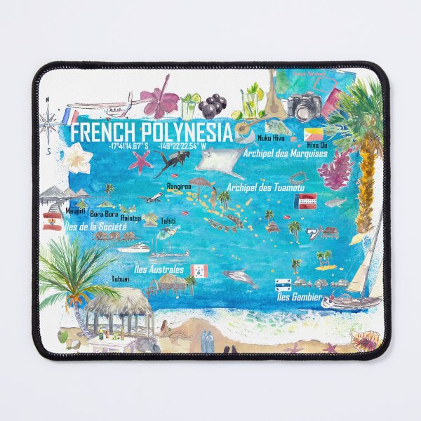 Item preview, French Polynesia Illustrated Island Travel Map with Tuamotu Society Austral Marquesas Gambier designed and sold by artshop77.