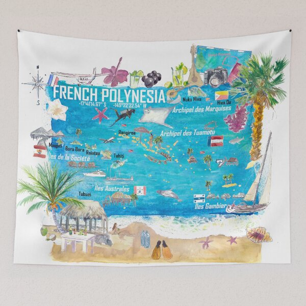 Item preview, French Polynesia Illustrated Island Travel Map with Tuamotu Society Austral Marquesas Gambier designed and sold by artshop77.