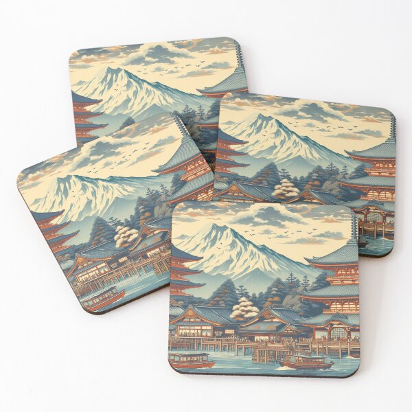 Item preview, Landmarks in Japan, Zenkoji Temple and the Ferry at Kawaguchi, Woodblock Print Style designed and sold by CulturalCurios.