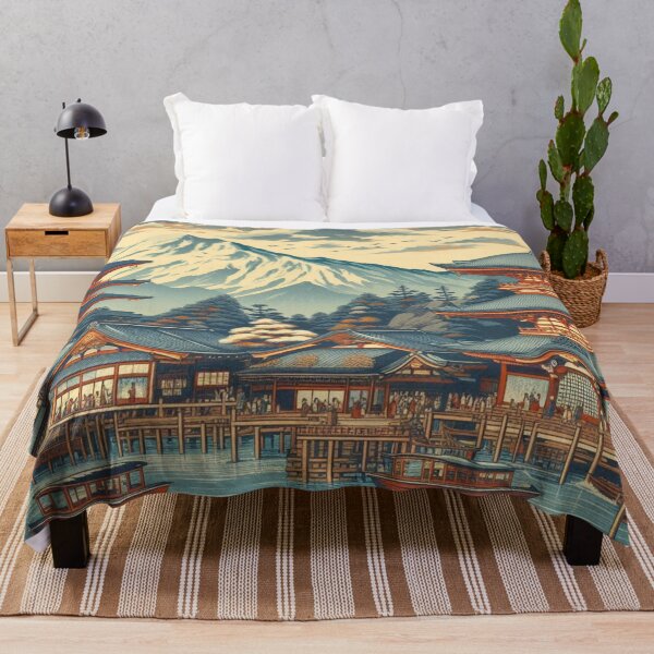 Item preview, Landmarks in Japan, Zenkoji Temple and the Ferry at Kawaguchi, Woodblock Print Style designed and sold by CulturalCurios.