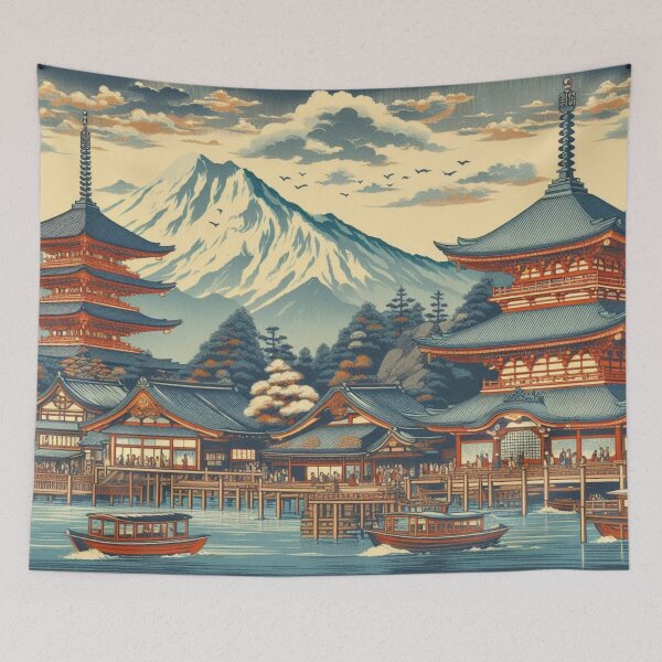 Item preview, Landmarks in Japan, Zenkoji Temple and the Ferry at Kawaguchi, Woodblock Print Style designed and sold by CulturalCurios.