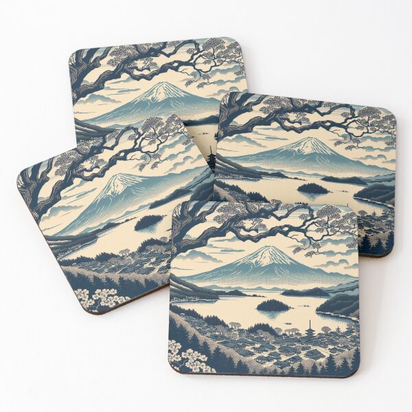 Item preview, Landmarks in Japan,  Lake Kawaguchiko, Blockprint style designed and sold by CulturalCurios.