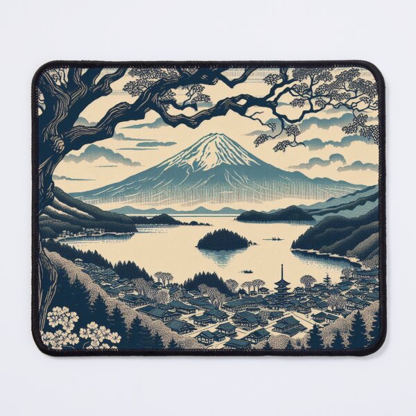 Item preview, Landmarks in Japan,  Lake Kawaguchiko, Blockprint style designed and sold by CulturalCurios.