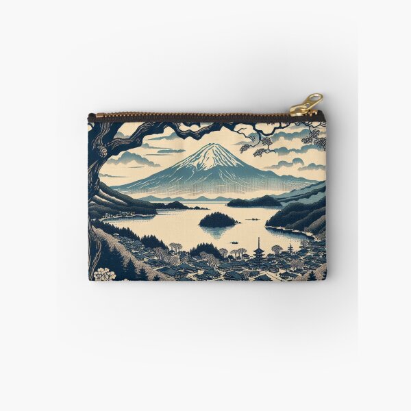 Item preview, Landmarks in Japan,  Lake Kawaguchiko, Blockprint style designed and sold by CulturalCurios.