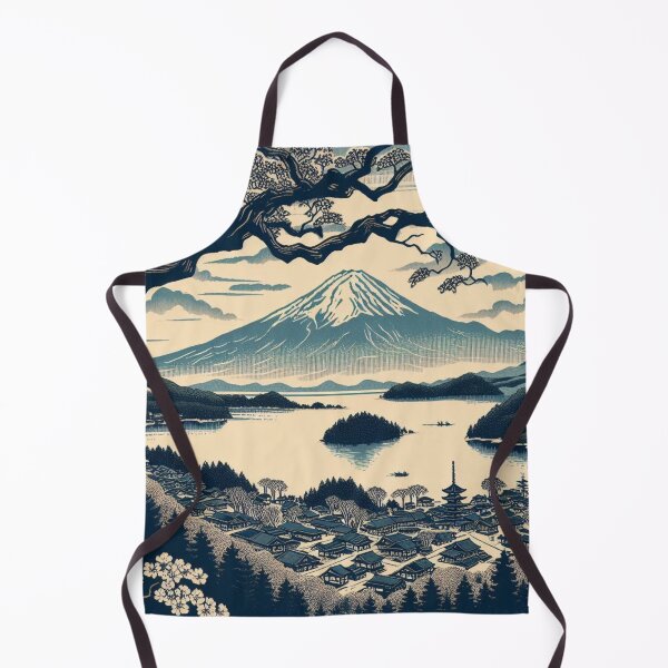 Item preview, Landmarks in Japan,  Lake Kawaguchiko, Blockprint style designed and sold by CulturalCurios.