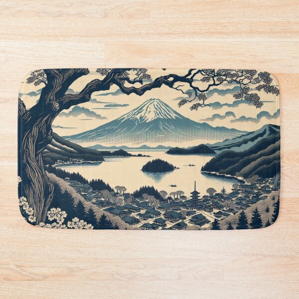Item preview, Landmarks in Japan,  Lake Kawaguchiko, Blockprint style designed and sold by CulturalCurios.
