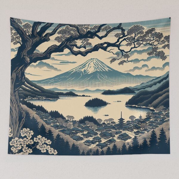 Item preview, Landmarks in Japan,  Lake Kawaguchiko, Blockprint style designed and sold by CulturalCurios.