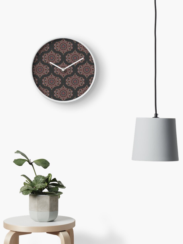 Clock, Royal Circle Rosette Dot Mandala Retro Ogee designed and sold by Triplicate Limited