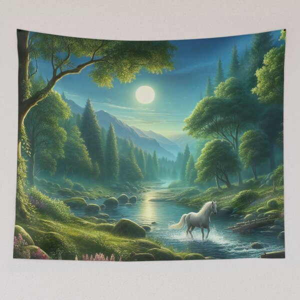 Item preview, Moonlit Symphony A White Horse in the Starlit Valley designed and sold by ArtComixHaven.