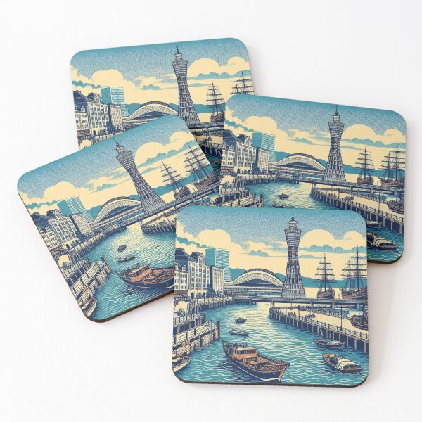 Item preview, Landmarks in Japan, Kobe Port, Woodblock Style designed and sold by CulturalCurios.