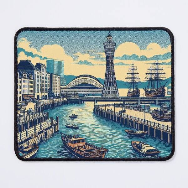 Item preview, Landmarks in Japan, Kobe Port, Woodblock Style designed and sold by CulturalCurios.