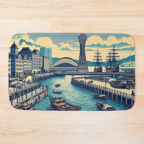 Item preview, Landmarks in Japan, Kobe Port, Woodblock Style designed and sold by CulturalCurios.